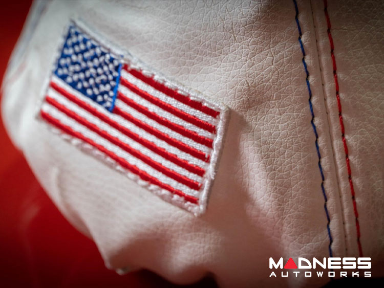 FIAT 500 Gear Shift Boot - Black Italy - White Leather w/ American Flag & Red/ Blue Stitching